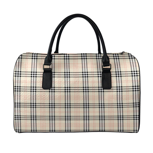 Beige Tartan Pattern Print Leather Duffle Bag