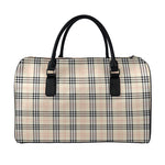 Beige Tartan Pattern Print Leather Duffle Bag