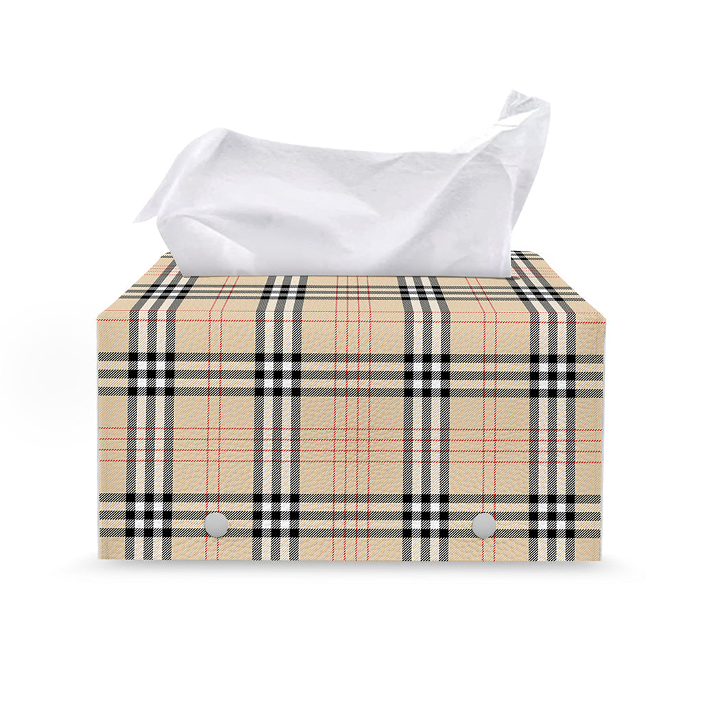 Beige Tartan Pattern Print Leather Tissue Box Cover