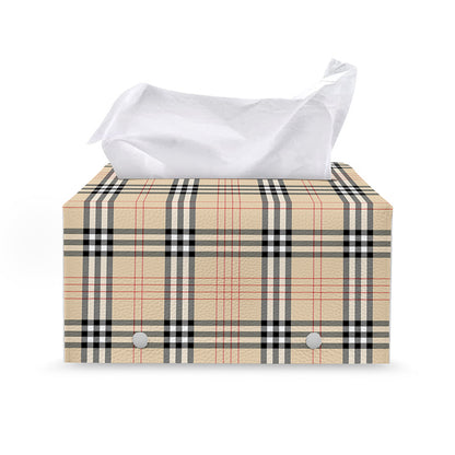 Beige Tartan Pattern Print Leather Tissue Box Cover