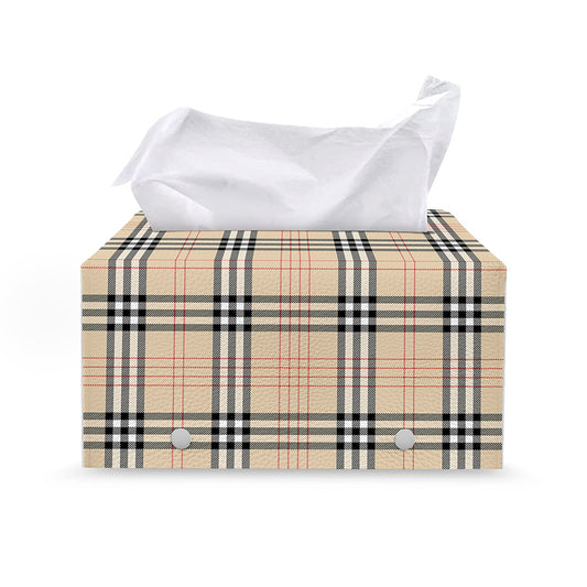 Beige Tartan Pattern Print Leather Tissue Box Cover