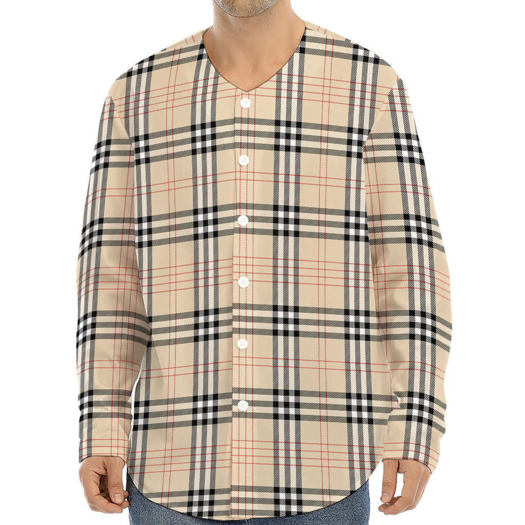Beige Tartan Pattern Print Long Sleeve Baseball Jersey