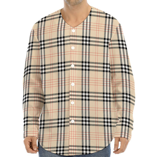 Beige Tartan Pattern Print Long Sleeve Baseball Jersey