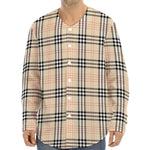 Beige Tartan Pattern Print Long Sleeve Baseball Jersey