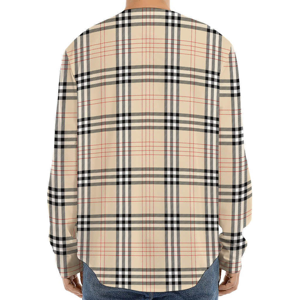 Beige Tartan Pattern Print Long Sleeve Baseball Jersey