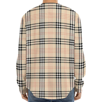 Beige Tartan Pattern Print Long Sleeve Baseball Jersey