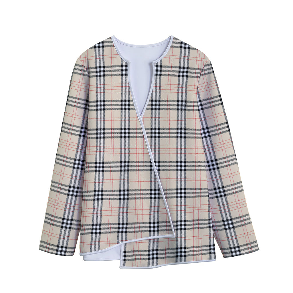 Beige Tartan Pattern Print Long Sleeve Short Coat