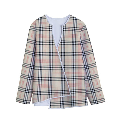 Beige Tartan Pattern Print Long Sleeve Short Coat