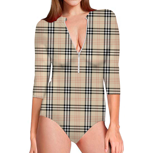 Beige Tartan Pattern Print Long Sleeve Swimsuit