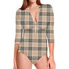 Beige Tartan Pattern Print Long Sleeve Swimsuit