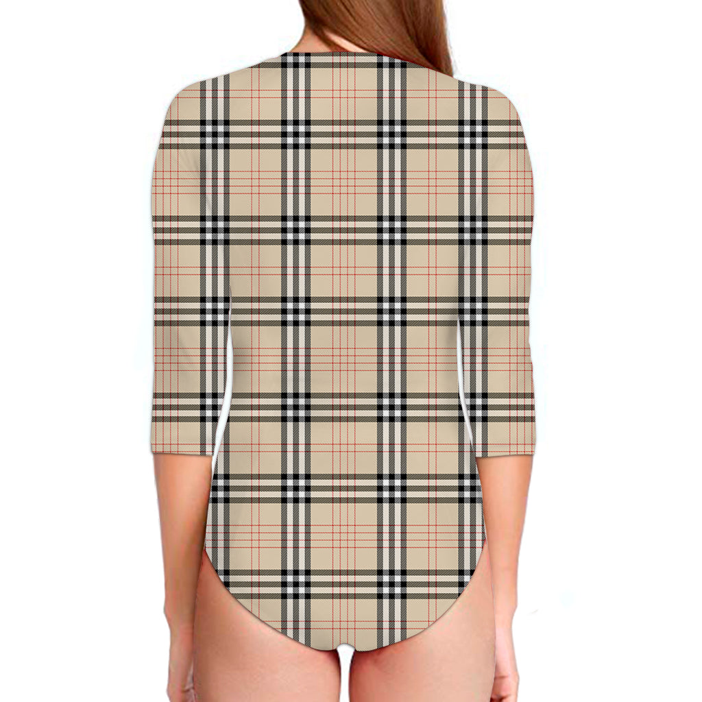 Beige Tartan Pattern Print Long Sleeve Swimsuit