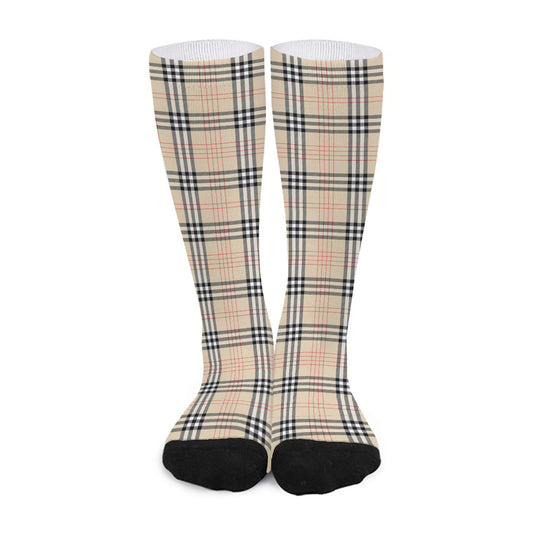 Beige Tartan Pattern Print Long Socks
