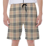 Beige Tartan Pattern Print Men's Beach Shorts