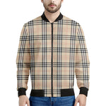 Beige Tartan Pattern Print Men's Bomber Jacket