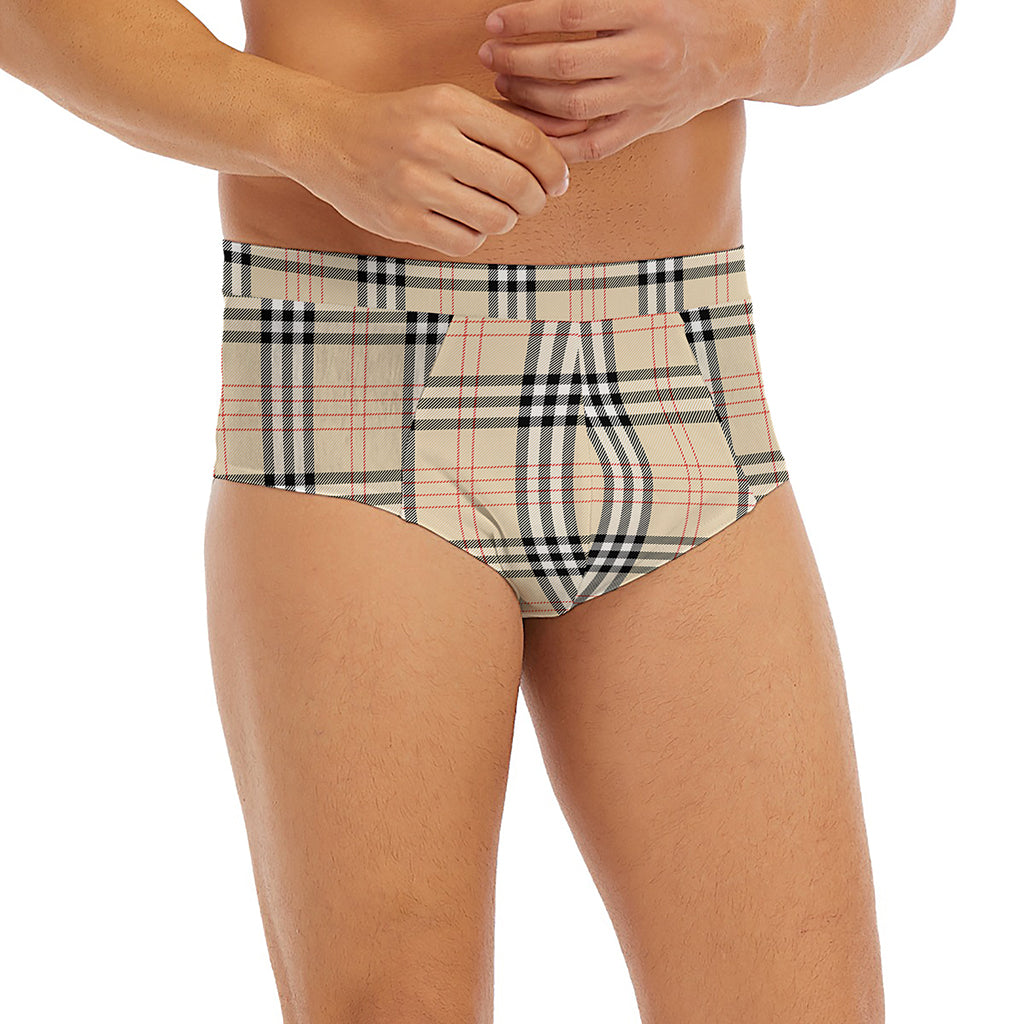 Beige Tartan Pattern Print Men's Briefs