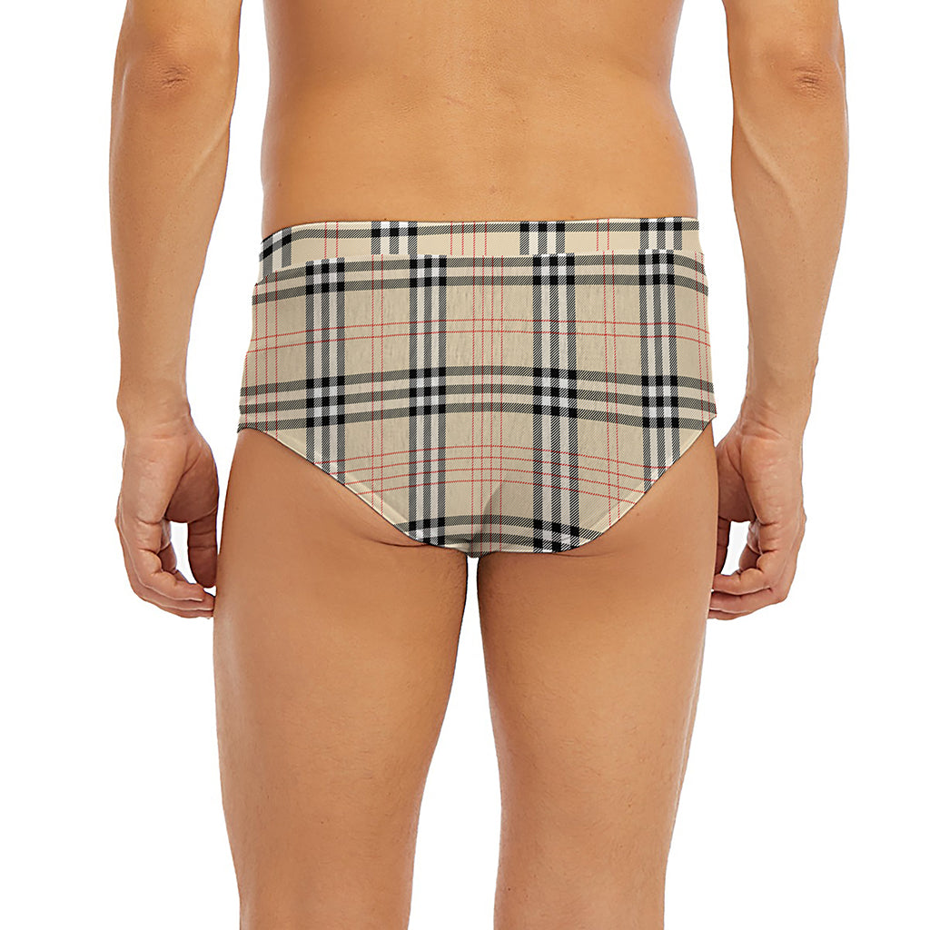 Beige Tartan Pattern Print Men's Briefs