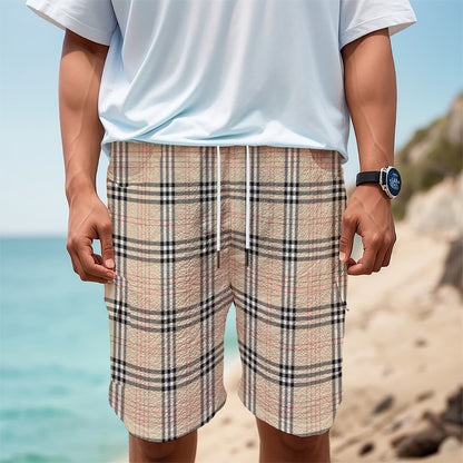 Beige Tartan Pattern Print Men's Cargo Shorts