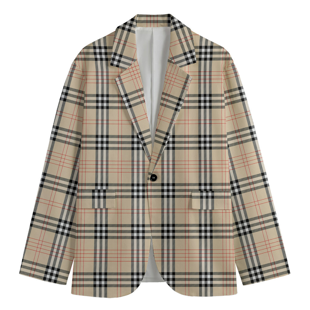 Beige Tartan Pattern Print Men's Cotton Blazer