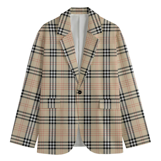 Beige Tartan Pattern Print Men's Cotton Blazer