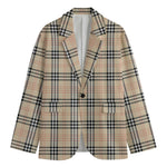 Beige Tartan Pattern Print Men's Cotton Blazer