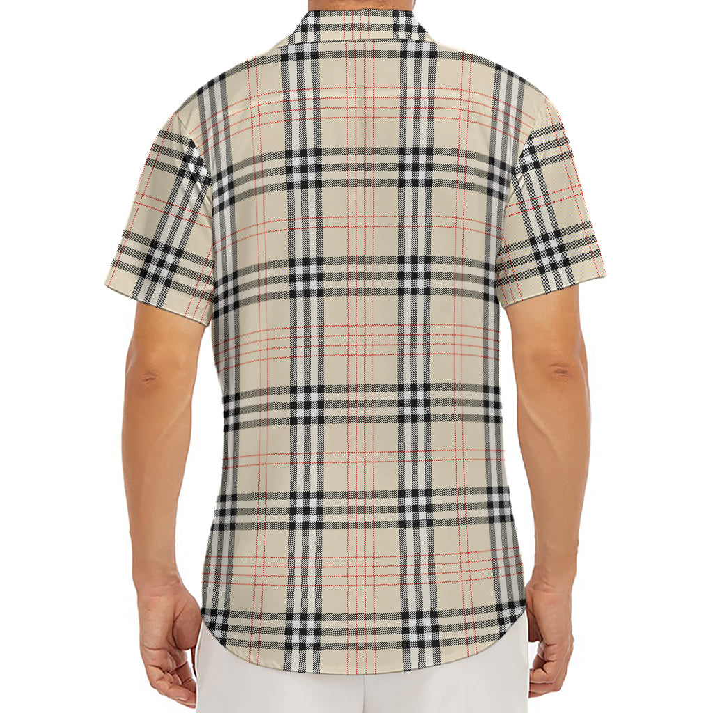 Beige Tartan Pattern Print Men's Deep V-Neck Shirt