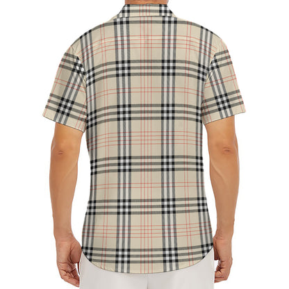 Beige Tartan Pattern Print Men's Deep V-Neck Shirt
