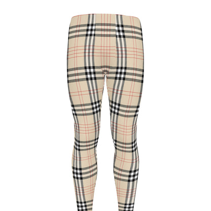 Beige Tartan Pattern Print Men's leggings