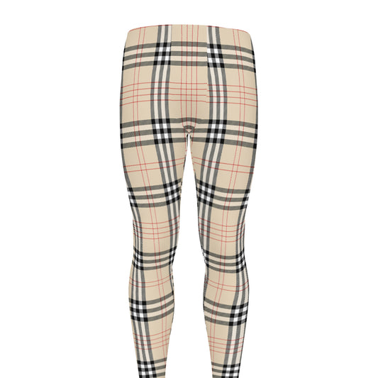 Beige Tartan Pattern Print Men's leggings
