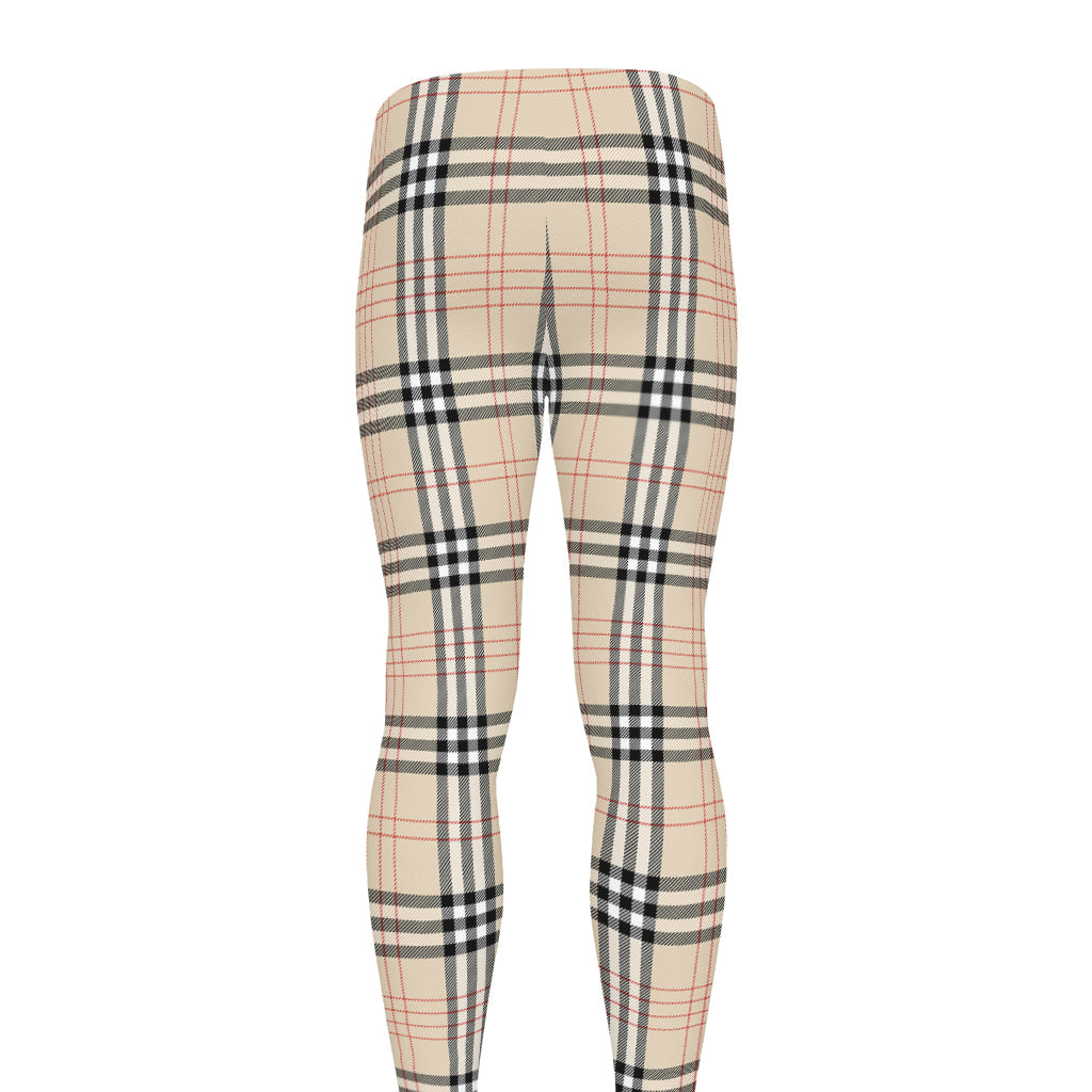 Beige Tartan Pattern Print Men's leggings
