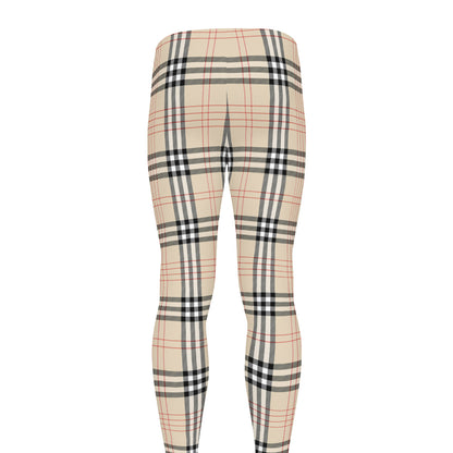 Beige Tartan Pattern Print Men's leggings