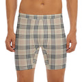 Beige Tartan Pattern Print Men's Long Boxer Briefs