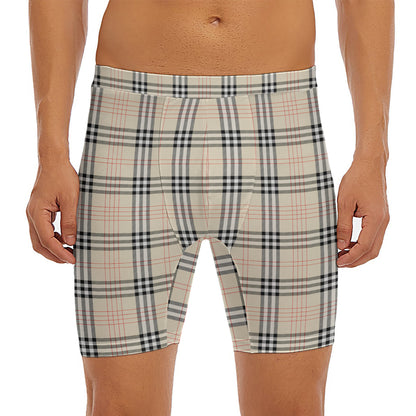 Beige Tartan Pattern Print Men's Long Boxer Briefs