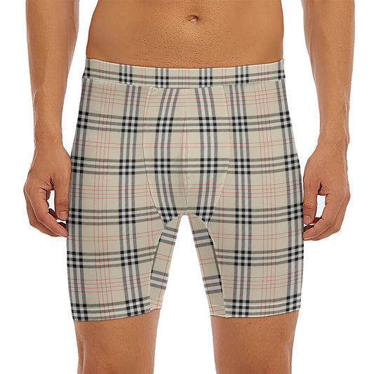 Beige Tartan Pattern Print Men's Long Boxer Briefs