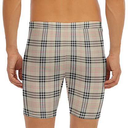 Beige Tartan Pattern Print Men's Long Boxer Briefs