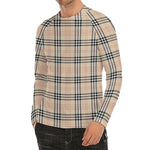 Beige Tartan Pattern Print Men's Long Sleeve Rash Guard