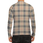 Beige Tartan Pattern Print Men's Long Sleeve Rash Guard