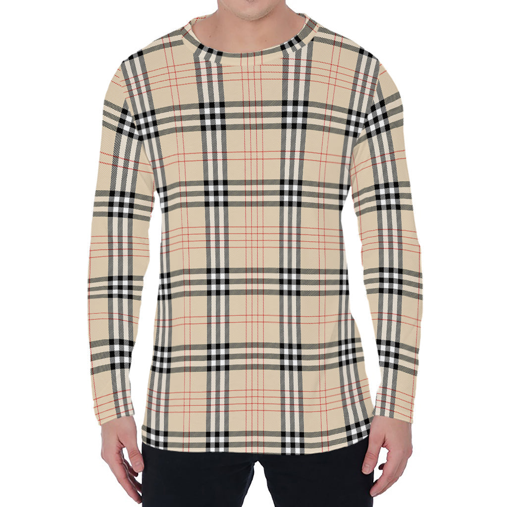 Beige Tartan Pattern Print Men's Long Sleeve T-Shirt
