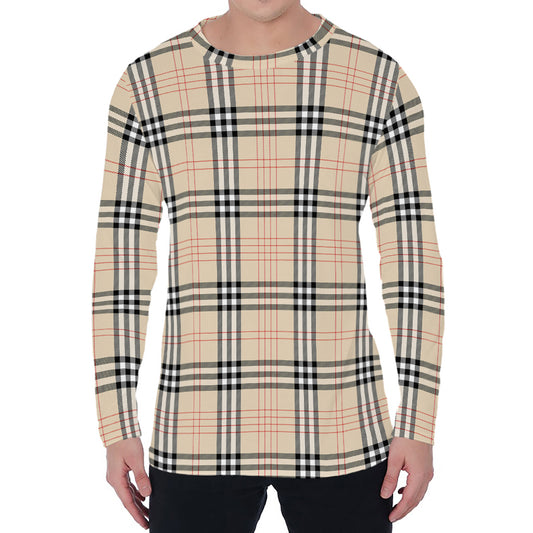 Beige Tartan Pattern Print Men's Long Sleeve T-Shirt