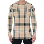 Beige Tartan Pattern Print Men's Long Sleeve T-Shirt