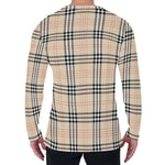 Beige Tartan Pattern Print Men's Long Sleeve T-Shirt