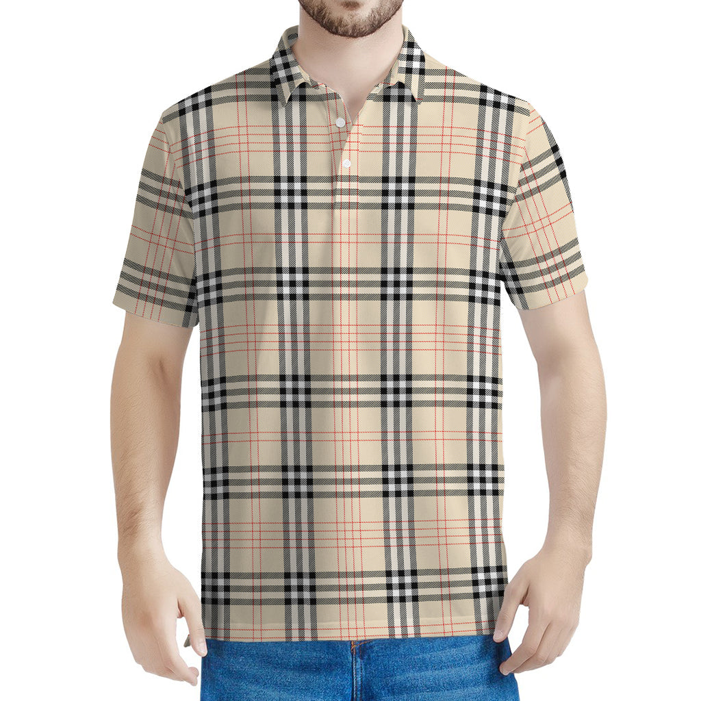 Beige Tartan Pattern Print Men's Polo Shirt
