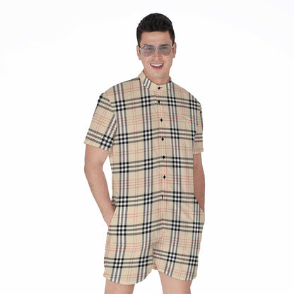 Beige Tartan Pattern Print Men's Rompers