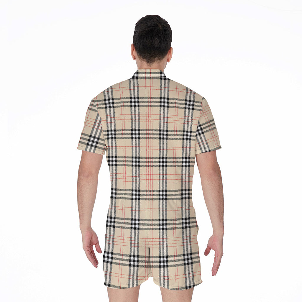 Beige Tartan Pattern Print Men's Rompers