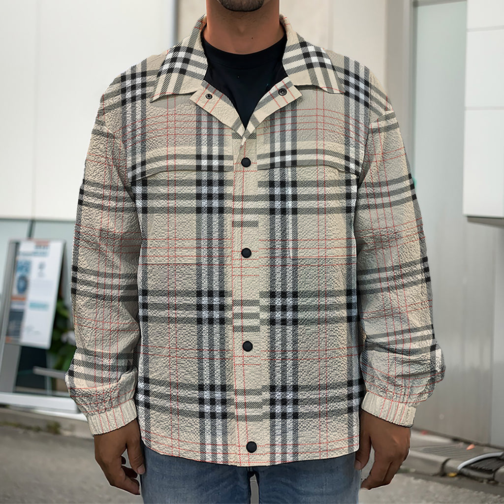 Beige Tartan Pattern Print Men's Shirt Jacket