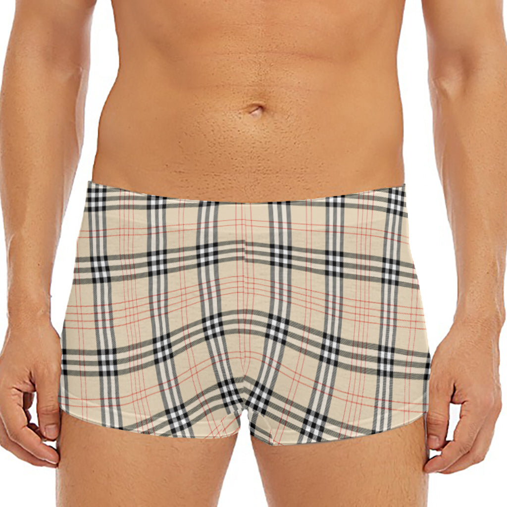 Beige Tartan Pattern Print Men's Short Boxer Briefs