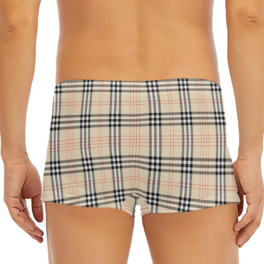 Beige Tartan Pattern Print Men's Short Boxer Briefs