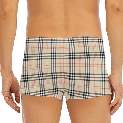 Beige Tartan Pattern Print Men's Short Boxer Briefs