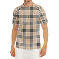 Beige Tartan Pattern Print Men's Short Sleeve Rash Guard