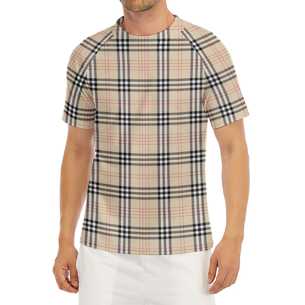 Beige Tartan Pattern Print Men's Short Sleeve Rash Guard