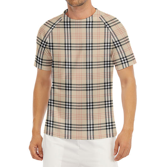 Beige Tartan Pattern Print Men's Short Sleeve Rash Guard